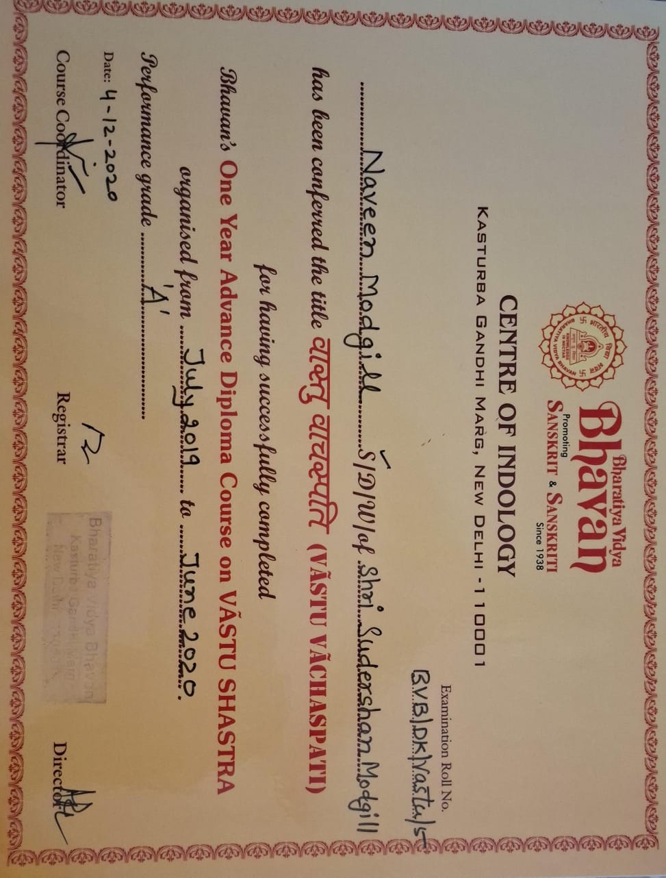 Credential — Vastu Vachaspati, Bharatiya Vidya Bhavan, awarded to Naveen Modgill.