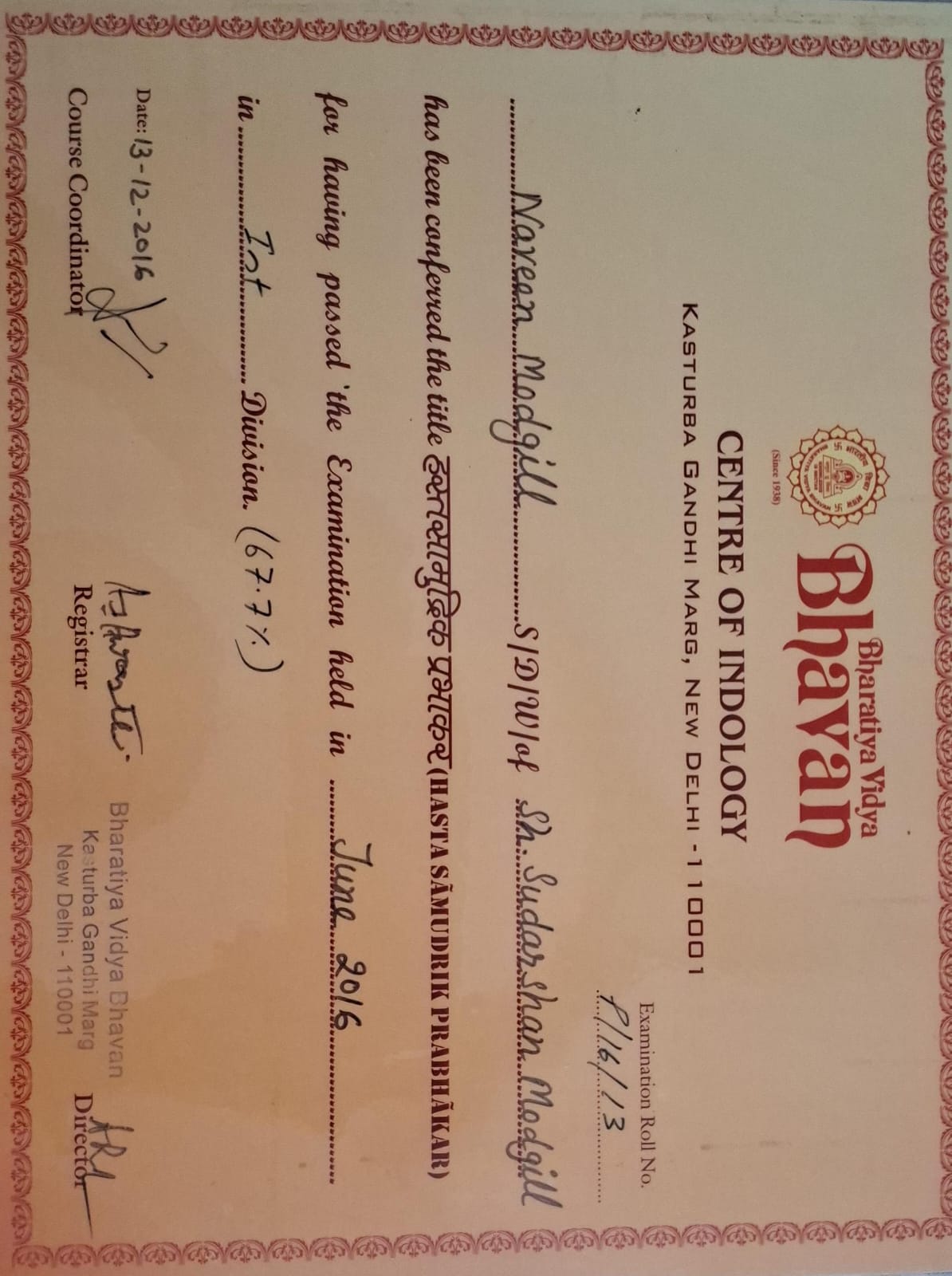 Credential — Hasta Samudrik Prabhakar, Bharatiya Vidya Bhavan, awarded to Naveen Modgill.