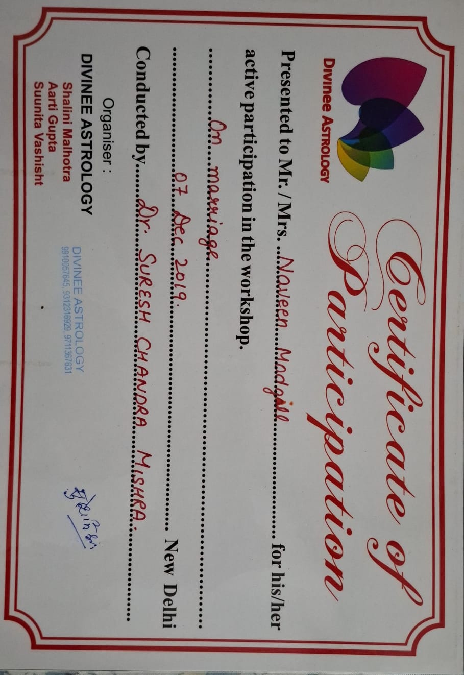 Credential — Astrology of Marriage, Bharatiya Vidya Bhavan, awarded to Naveen Modgill.