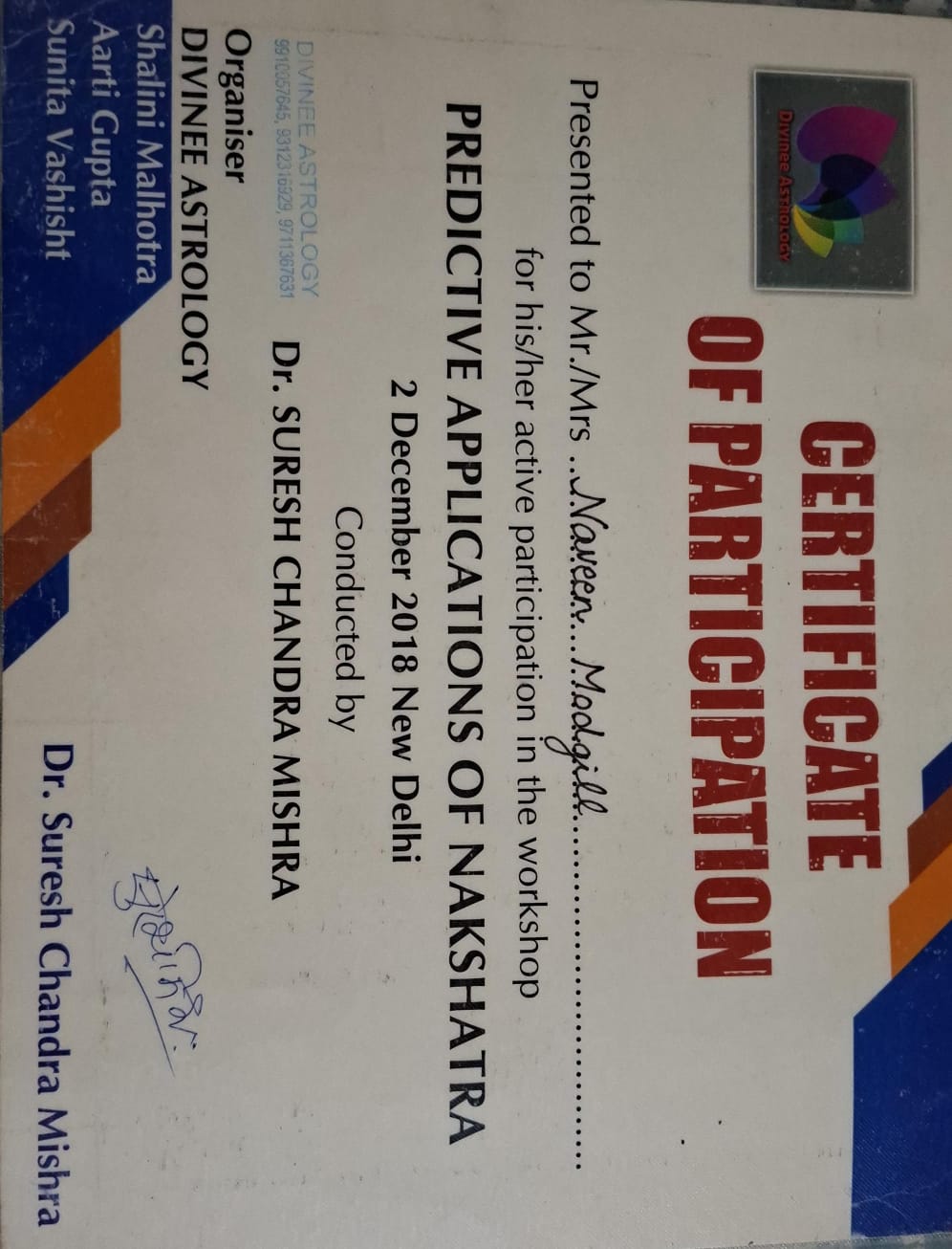 Credential — Predictive Applications of Nakshatra, Vedic Astro India, awarded to Naveen Modgill.