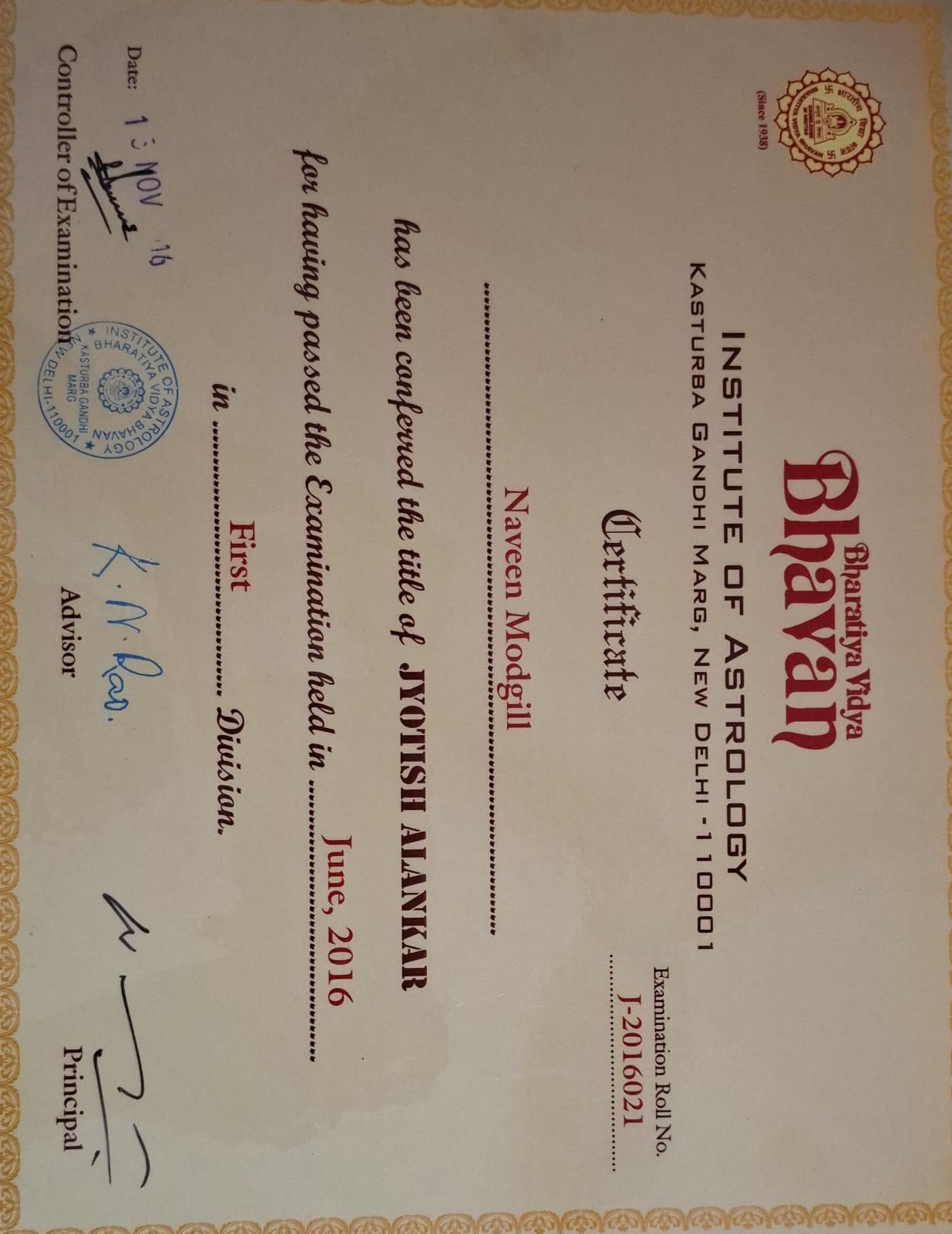 Credential — Jyotish Alankar, Bharatiya Vidya Bhavan — Institute of Astrology, awarded to Naveen Modgill.