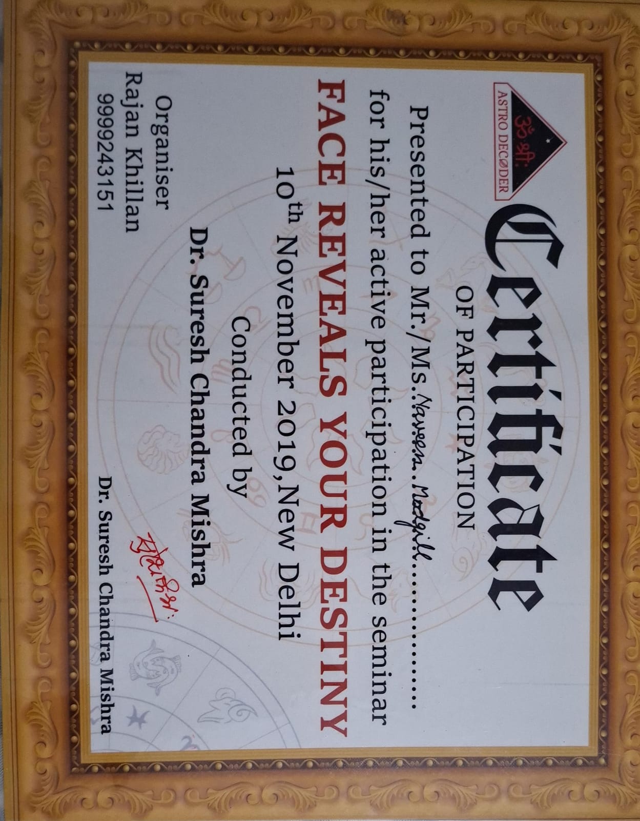 Credential — Face Reading, Institute of Mystique Sciences, awarded to Naveen Modgill.