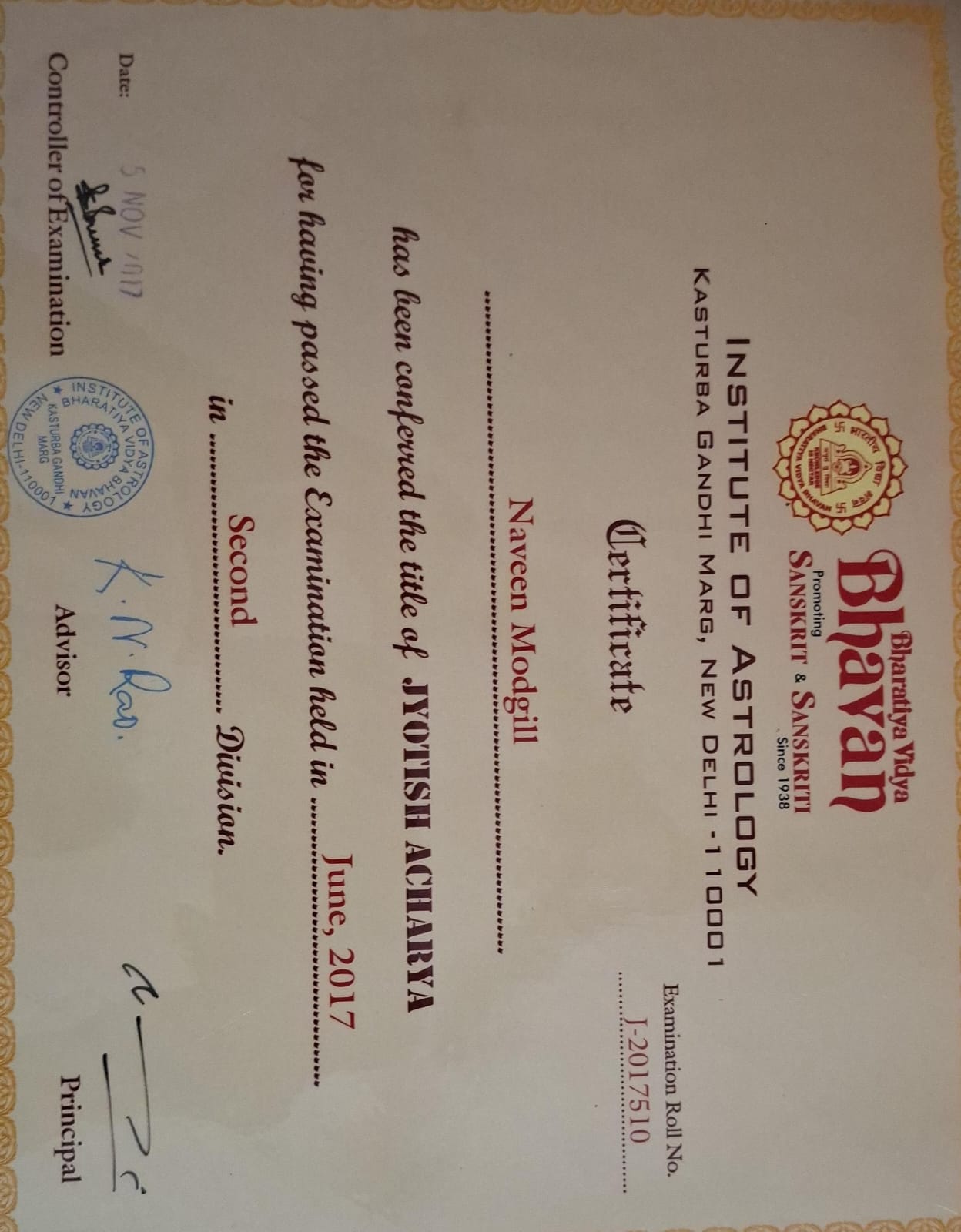 Credential — Jyotish Acharya, Bharatiya Vidya Bhavan — Institute of Astrology, awarded to Naveen Modgill.