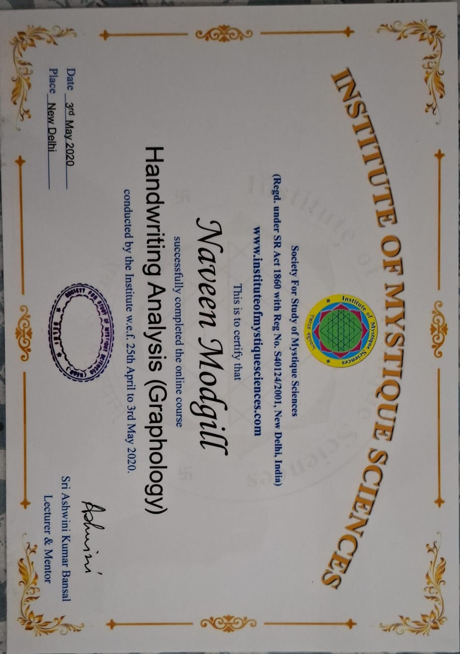 Credential — Handwriting Analysis (Graphology), Institute of Mystique Sciences, awarded to Naveen Modgill.