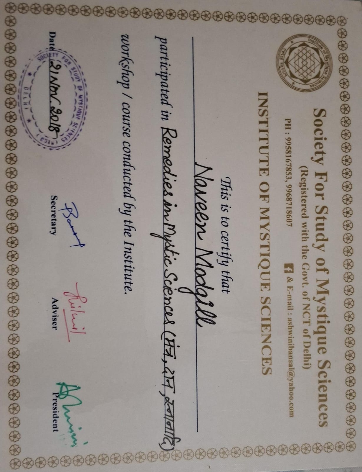 Credential — Remedies in Mystic Sciences, Institute of Mystique Sciences, awarded to Naveen Modgill.