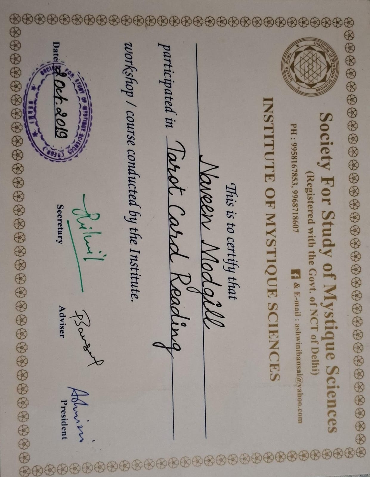 Credential — Tarot Card Reading, Institute of Mystique Sciences, awarded to Naveen Modgill.