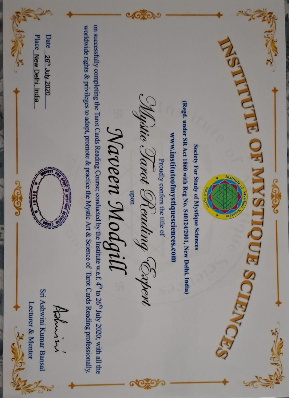 Credential — Mystic Tarot Reading, Institute of Mystique Sciences, awarded to Naveen Modgill.
