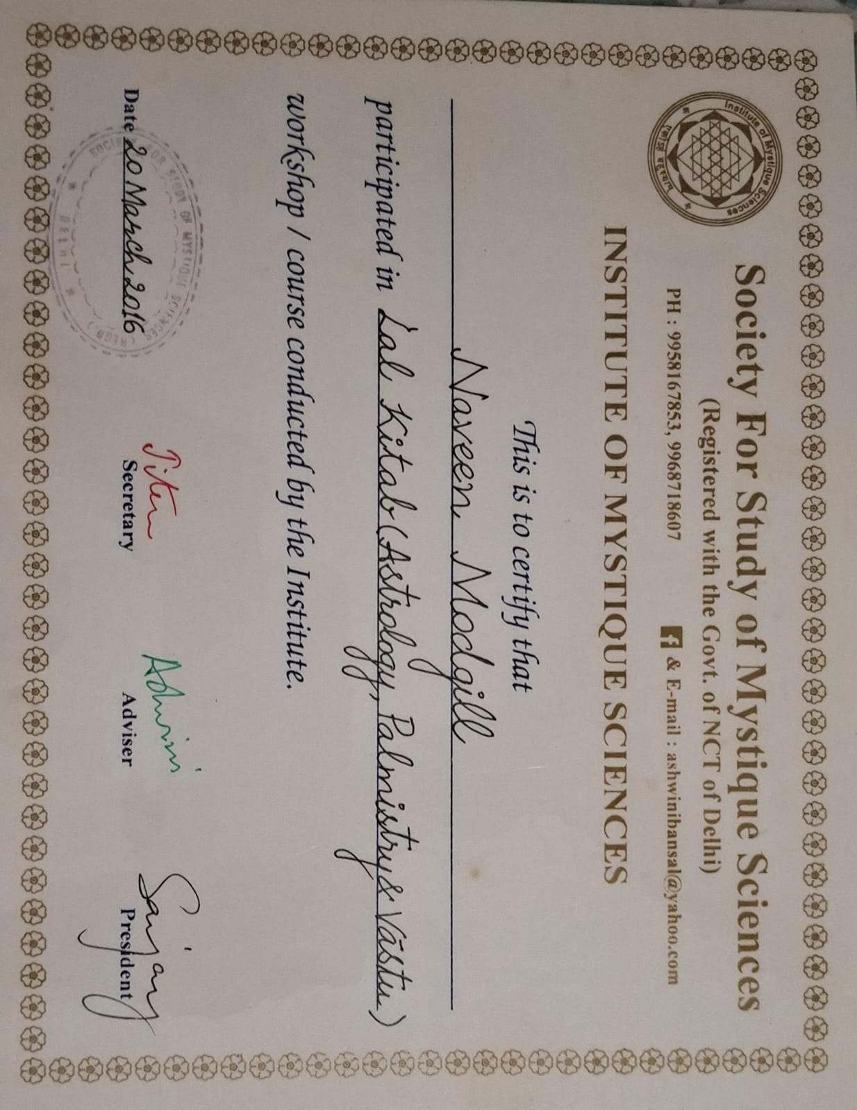 Credential — Lal Kitab — Astrology, Palmistry & Vastu, Bharatiya Vidya Bhavan, awarded to Naveen Modgill.