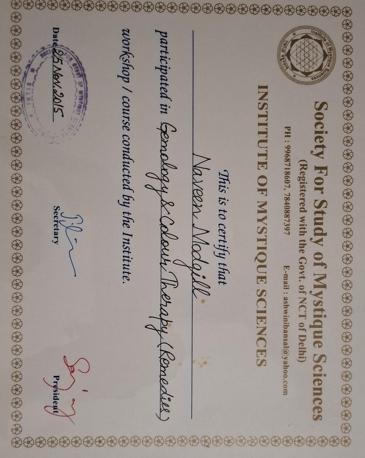 Credential — Gemology & Colour Therapy, Institute of Mystique Sciences, awarded to Naveen Modgill.