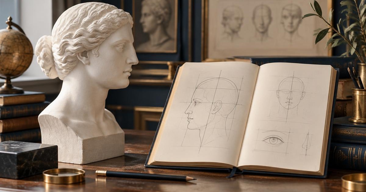 A neutral study bust and observational sketchbook representing traditional Face Reading study without personality labels