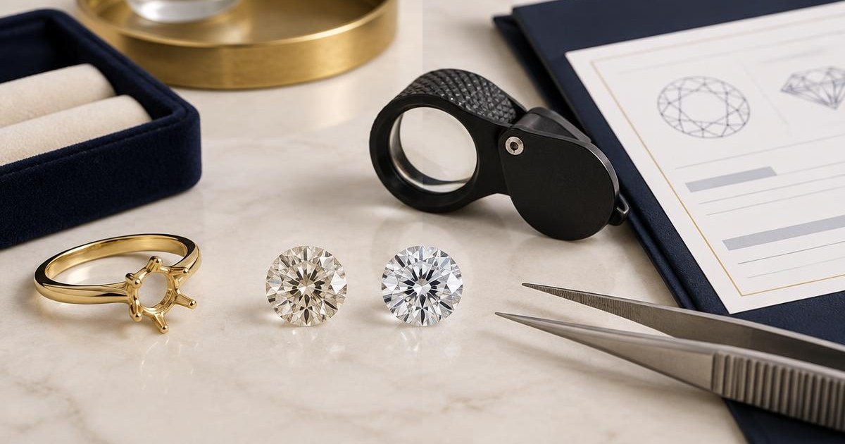 Loose gemstones, a jewellery setting, loupe, tweezers and an independent gem-testing report on a worktable