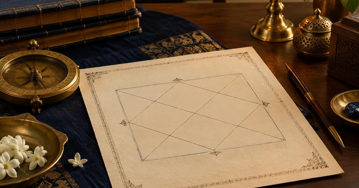 Traditional horoscope chart, manuscript-style books and brass study instruments representing Jaimini Astrology