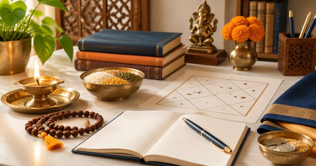 A simple diya, prayer beads, charity grains, notebook and horoscope chart arranged for proportionate remedial guidance