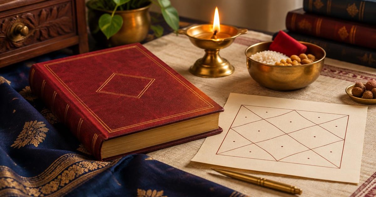 A red traditional book, horoscope chart, brass diya and charity bowl arranged for Lal Kitab study