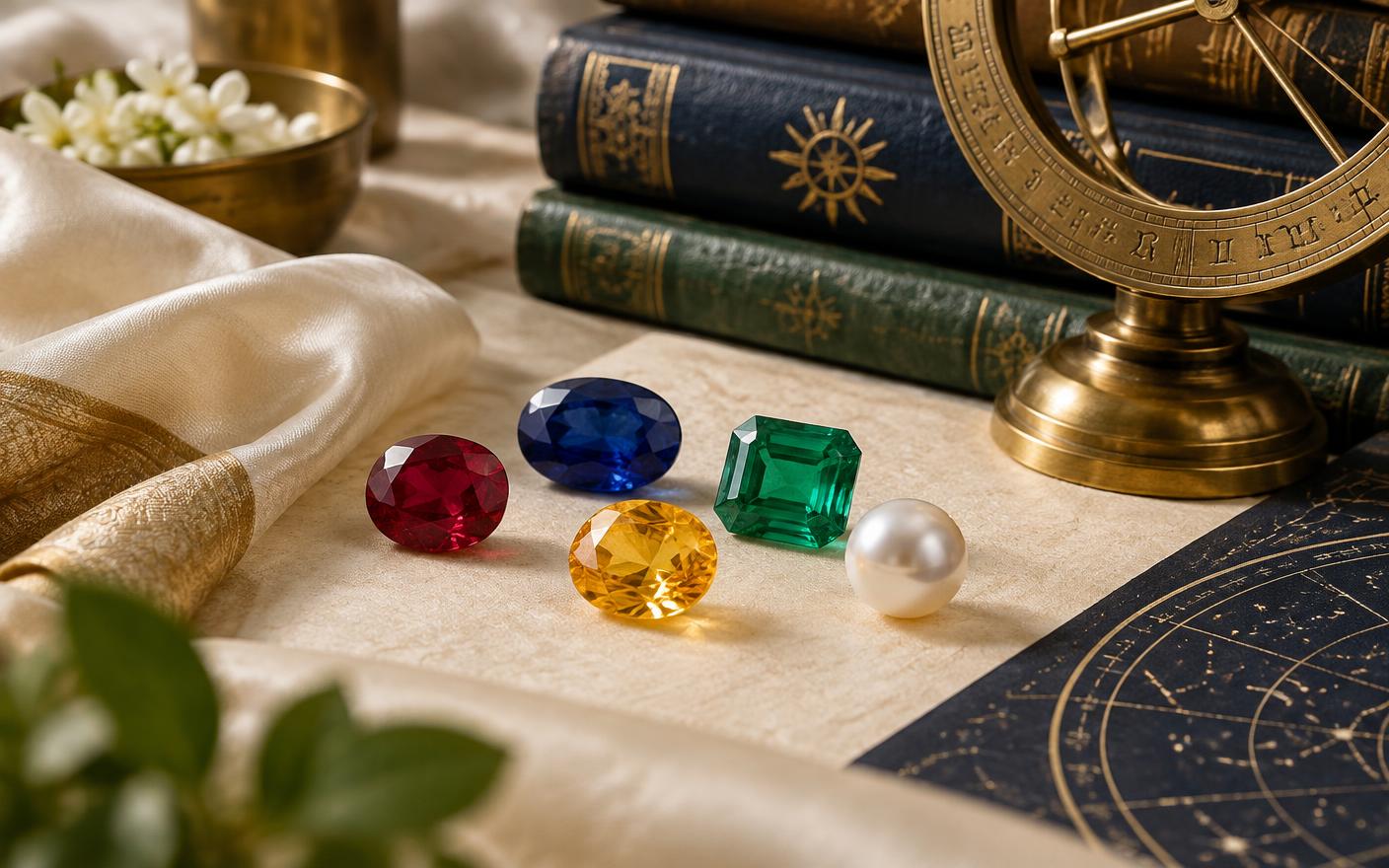 Natural gemstones arranged for an ornamental or remedial gemology consultation